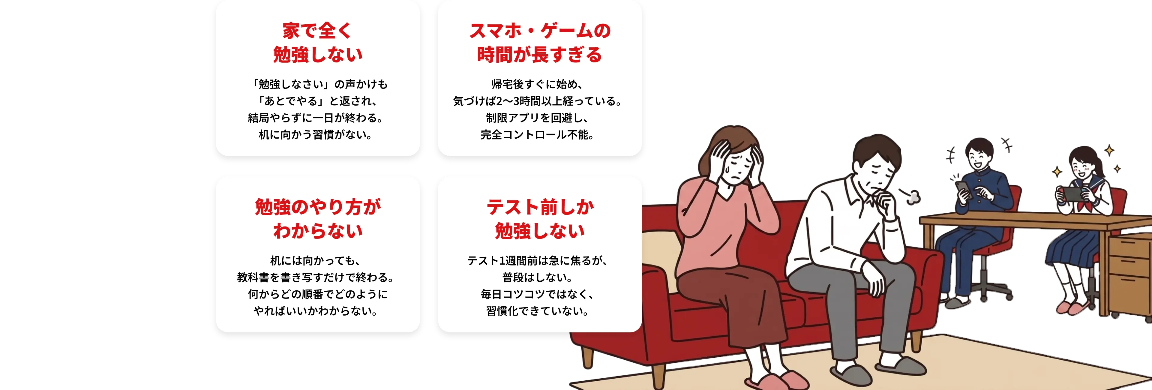 家で全く勉強しない 「勉強しなさい」の声かけも「あとでやる」と返され、結局やらずに一日が終わる。机に向かう習慣がない。 スマホ・ゲームの時間が長すぎる 帰宅後すぐに始め、気づけば2〜3時間以上経っている。制限アプリを回避し、完全コントロール不能。 勉強のやり方がわからない 机には向かっても、教科書を書き写すだけで終わる。何からどの順番でどのようにやればいいかわからない。 テスト前しか勉強しない テスト1週間前は急に焦るが、普段はしない。毎日コツコツではなく、習慣化できていない。